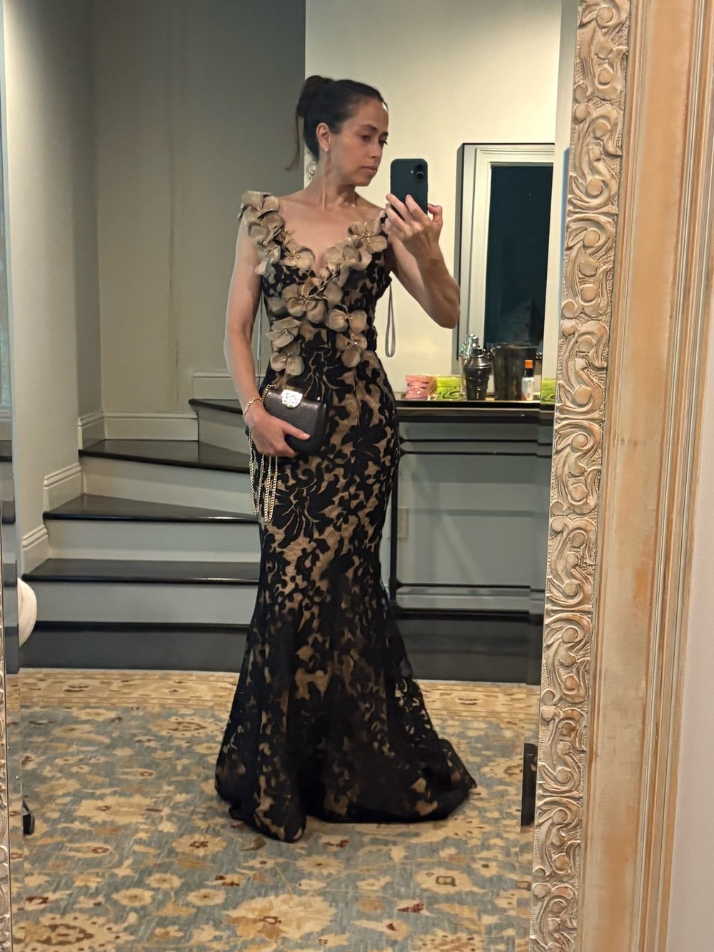 Jovani Black and Gold Floral Lace Mermaid Gown